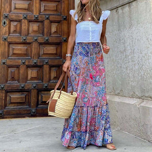 Falda larga con estampado floral y cintura alta